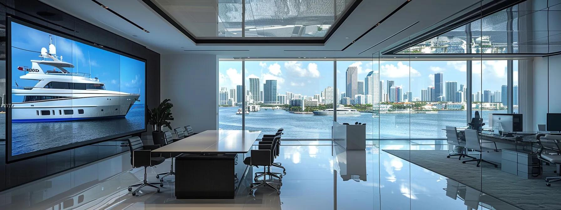 a sleek, modern office environment with a digital interface displaying a yacht booking platform, showcasing luxurious yachts on a large screen against a backdrop of miami's skyline through expansive glass windows.