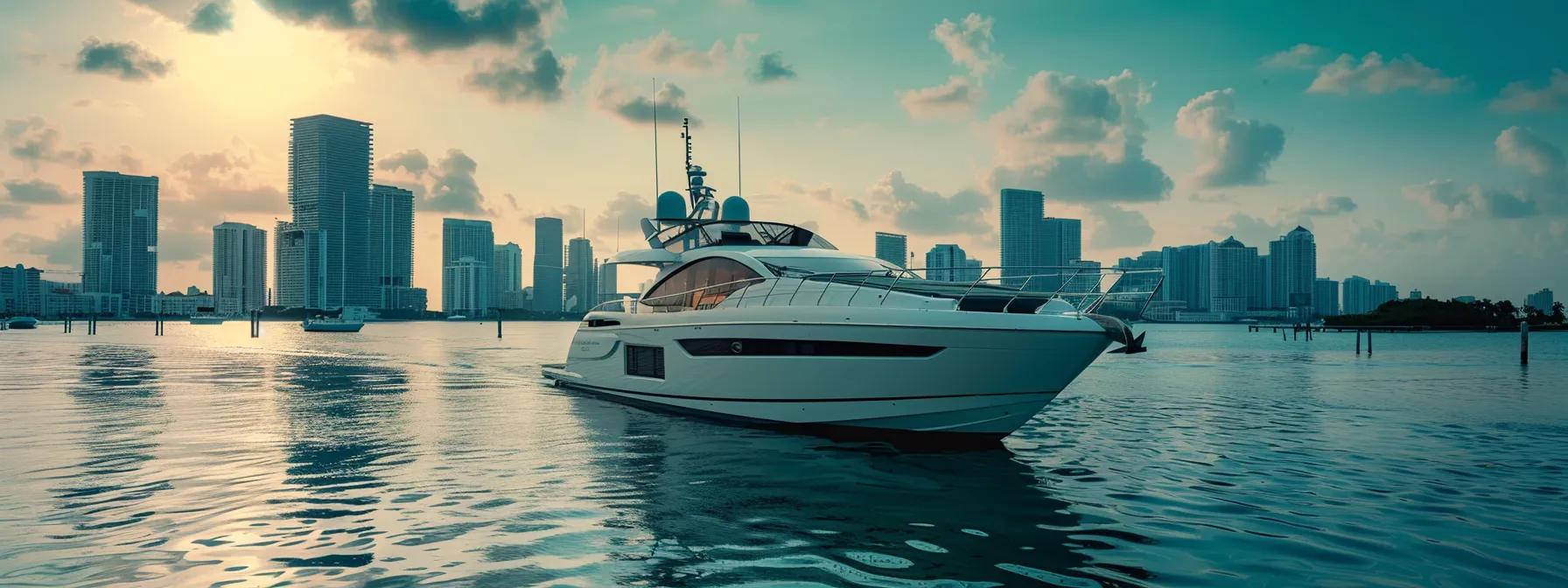 a sleek, modern yacht glides through the vibrant turquoise waters of miami, framed by a stunning skyline, setting the stage for an unforgettable bareboat charter getaway.