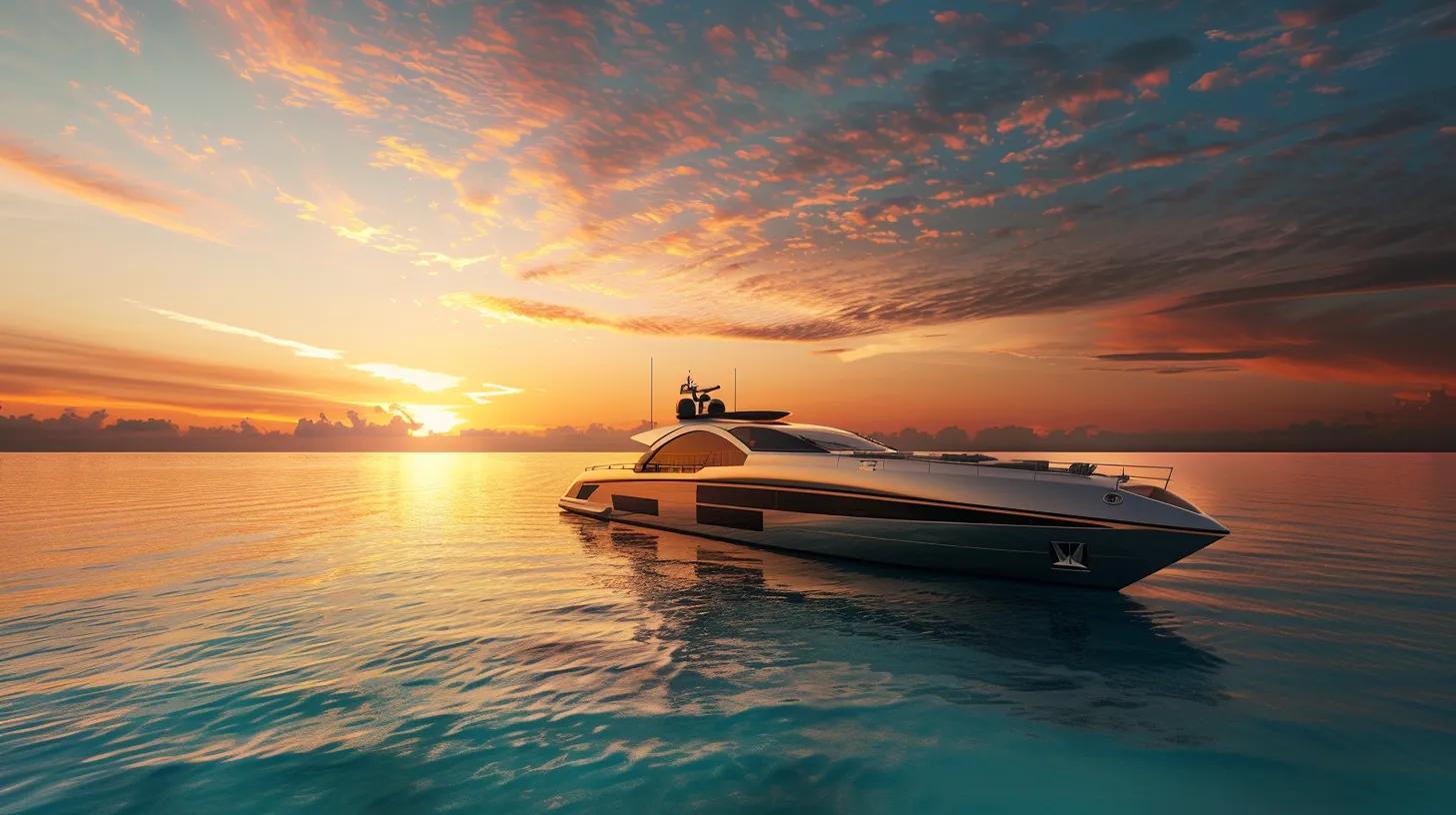 a sleek ultra-luxury motor yacht glides through shimmering turquoise waters at golden hour, showcasing its modern european design and elegant deck furnishings, while gentle ripples reflect the warm hues of the sunset sky, encapsulating a sense of wealth, freedom, and tranquility in a photorealistic, cinematic composition.