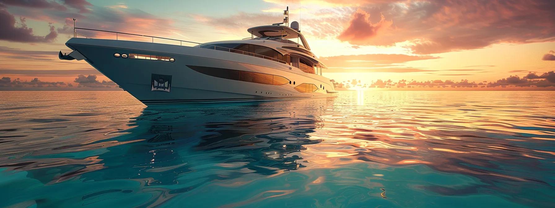 a sleek ultra-luxury motor yacht, showcasing modern european design, elegantly glides through crystal-clear turquoise water at golden hour, reflecting the warm hues of the sunset sky in a photorealistic, cinematic composition that embodies wealth and tranquility, captured from a slightly elevated 3/4 angle.