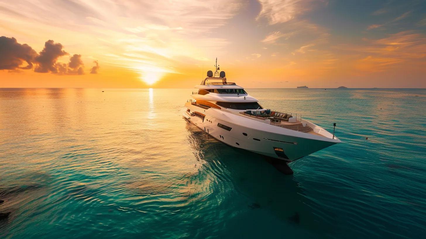 a sleek, ultra-luxury motor yacht, characterized by its elegant european design and soft white deck furnishings, effortlessly glides through pristine turquoise waters at golden hour, reflecting the warm sunset hues and embodying a sense of wealth, freedom, and tranquility against the backdrop of a sophisticated coastal marina.