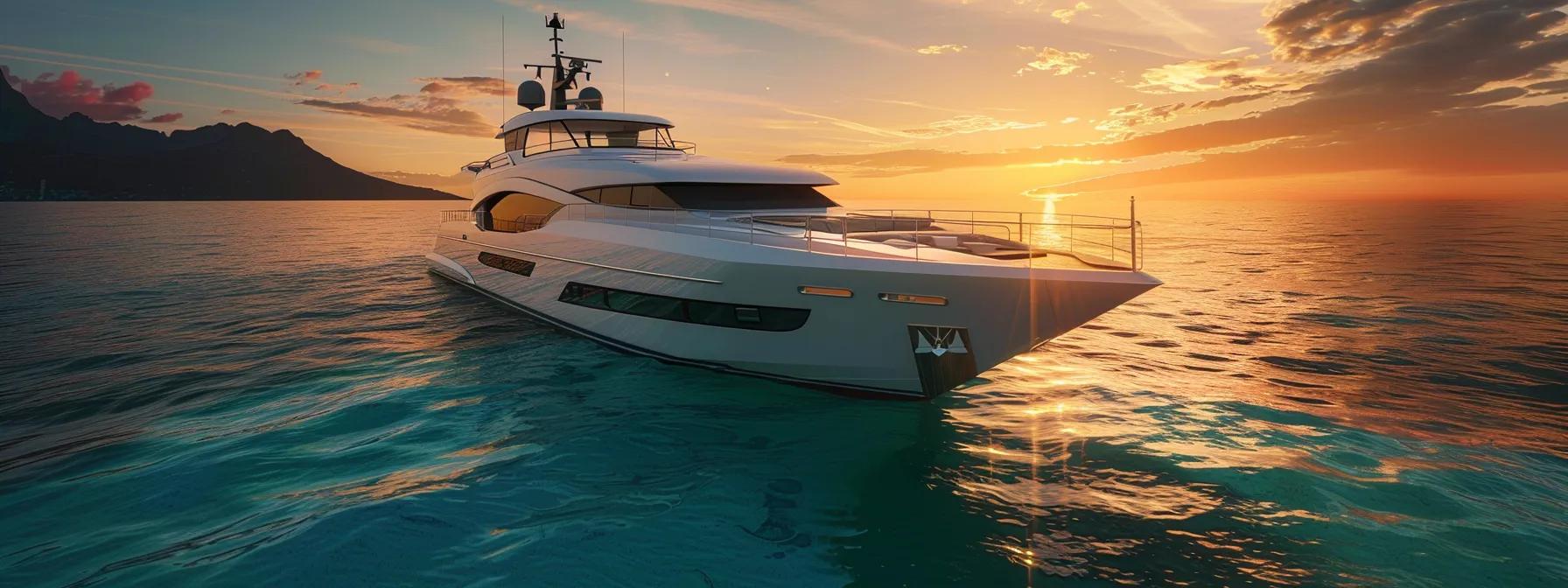 a sleek ultra-luxury motor yacht gracefully navigates through crystalline turquoise waters at golden hour, its modern european design accentuated by elegant lines and plush white deck furnishings, all bathed in photorealistic cinematic lighting that evokes a sense of wealth and tranquility.