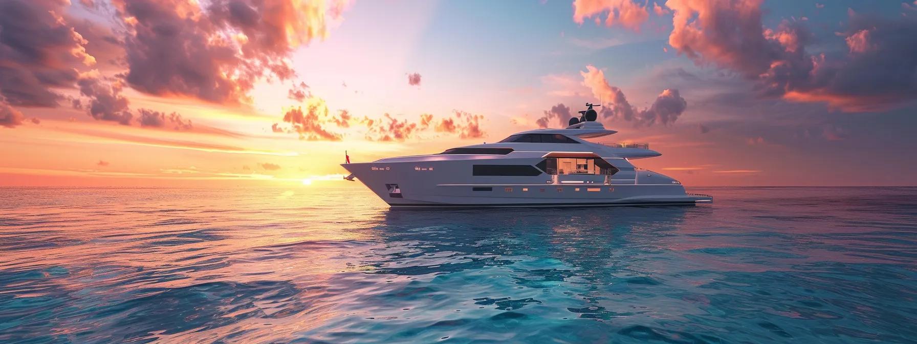a sleek ultra-luxury motor yacht glides effortlessly through crystal-clear turquoise waters during golden hour, showcasing its elegant modern design and soft furnishings, while the warm sunset sky bathes the scene in photorealistic, cinematic light, perfectly embodying the essence of wealth and freedom in a high-end yacht market.