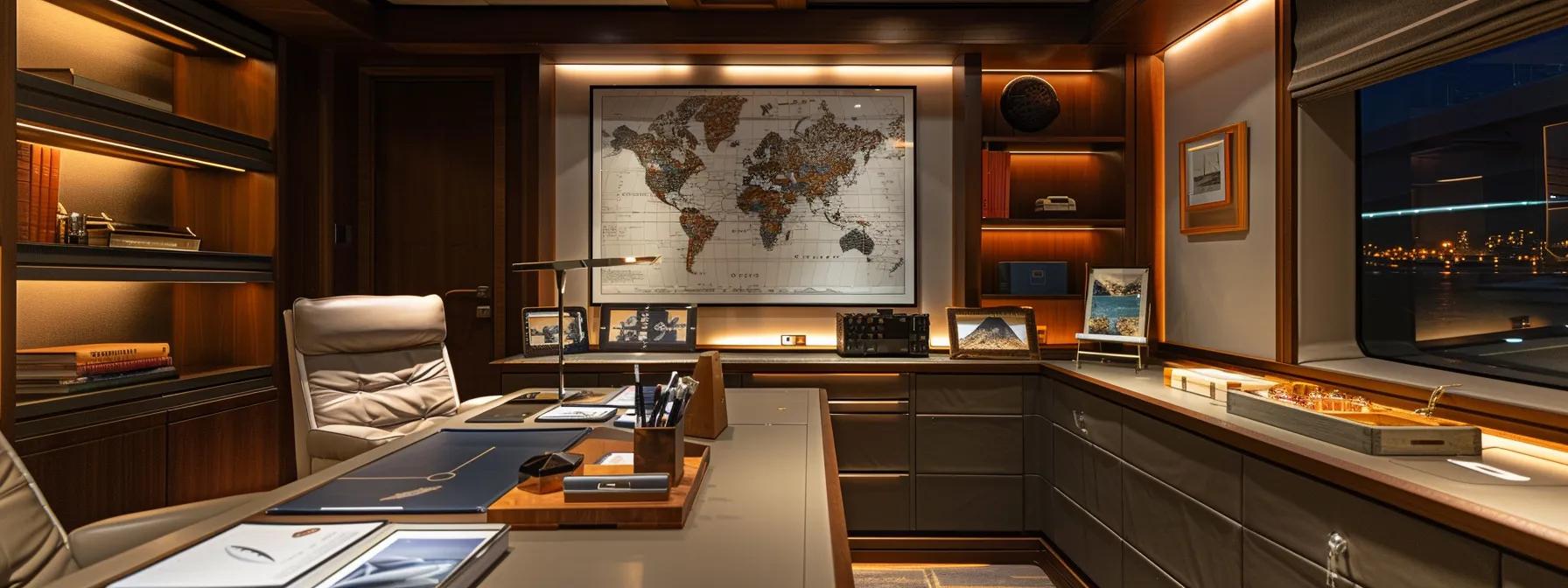 Luxurious yacht office interior featuring a world map, elegant desk with marine-themed decor, and ambient lighting, reflecting the sophistication of yacht ownership and brokerage.