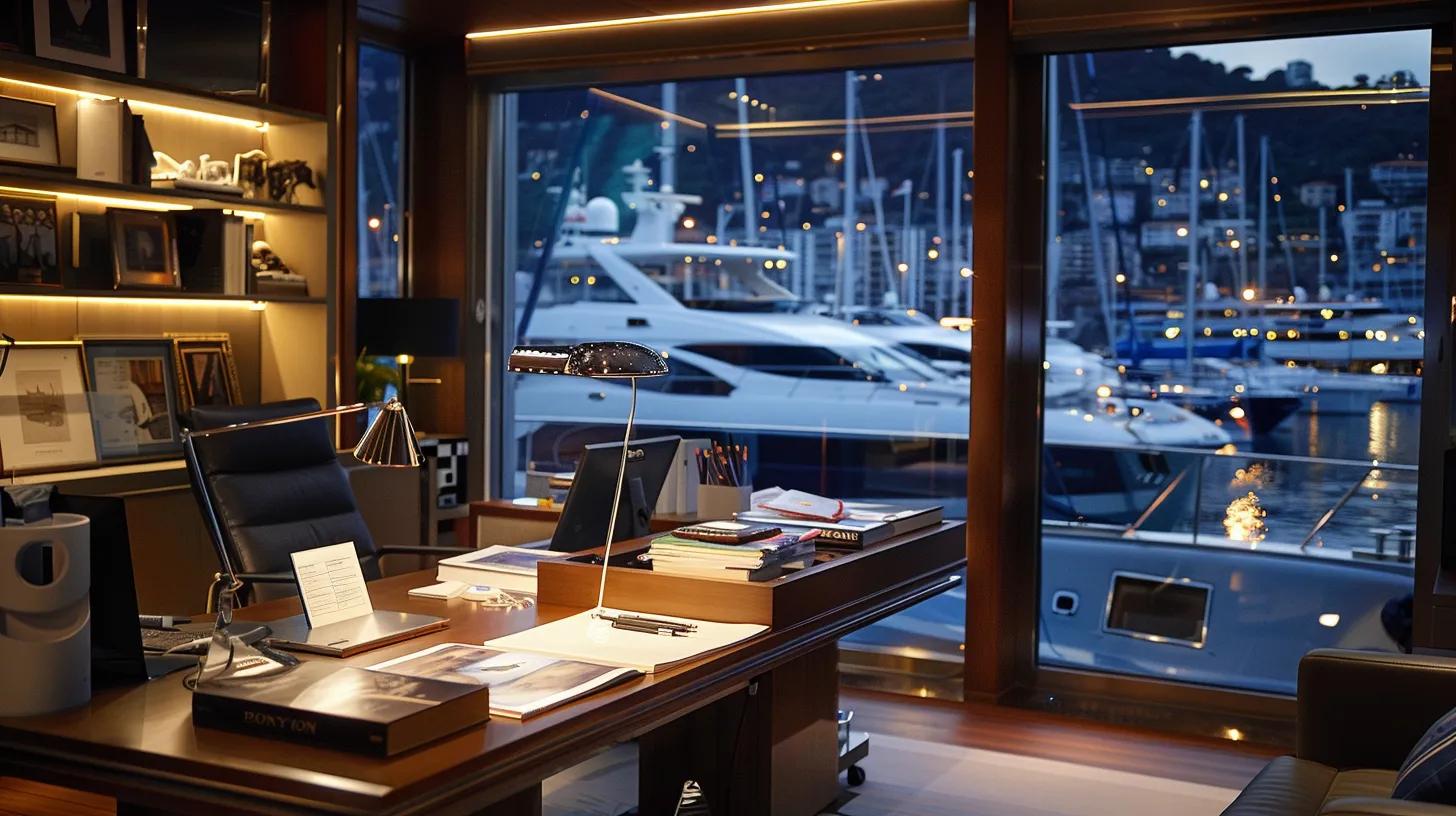 a sophisticated yacht broker's office, showcasing a sleek modern desk cluttered with yacht brochures and nautical charts, illuminated by soft, focused lighting that highlights a large window overlooking a marina filled with luxurious yachts.