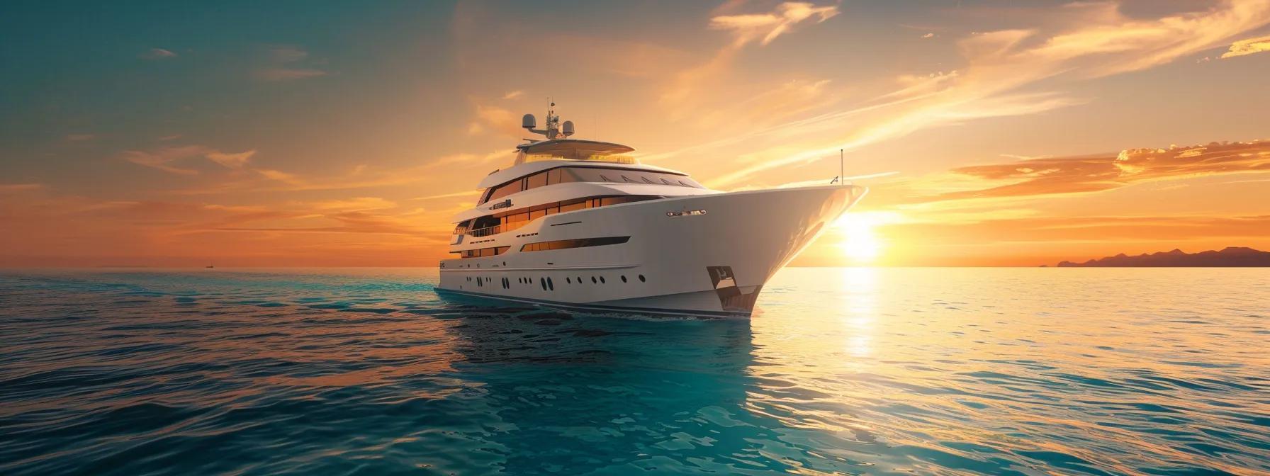 a stunning ultra-luxury motor yacht glides gracefully through crystal-clear turquoise waters at golden hour, showcasing its sleek european design and inviting soft white deck furnishings, all under the warm glow of a sunset sky that reflects the tranquility and wealth of a high-end lifestyle.