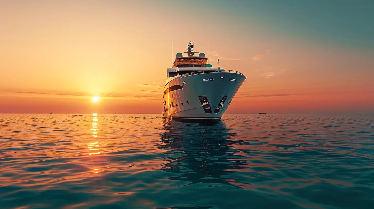 an ultra-luxurious motor yacht, showcasing a sleek modern european design, glides gracefully through crystal-clear turquoise waters at golden hour, reflecting the warm hues of the sunset while embodying opulence and serenity in a photorealistic, cinematic setting.