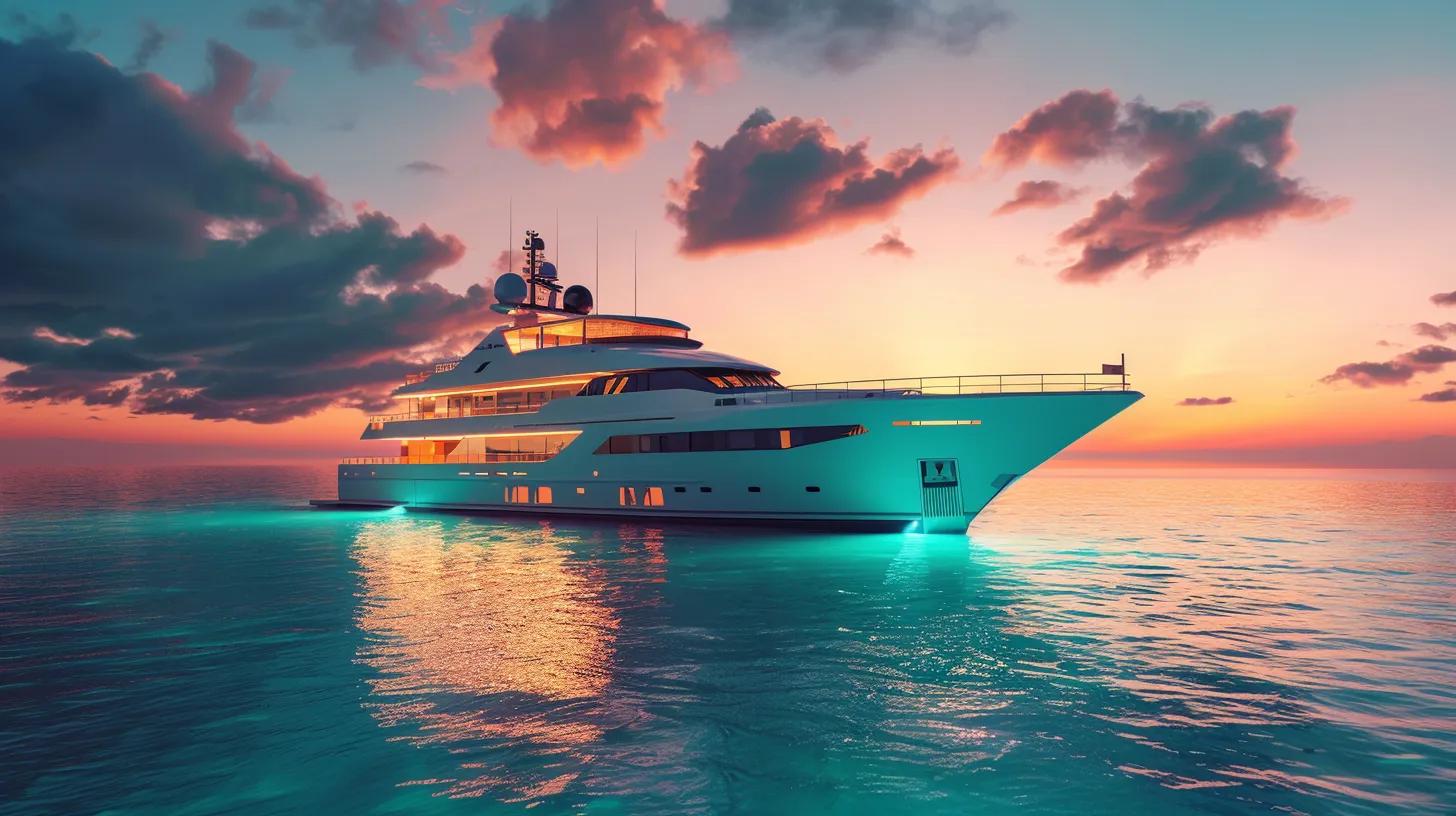an ultra-luxury motor yacht, showcasing sleek modern european design with elegant lines and soft white furnishings, glides through crystal-clear turquoise waters at golden hour, under photorealistic cinematic lighting that enhances the warm reflections of the sunset sky, evoking a sense of opulence and tranquility in florida's yachting landscape.