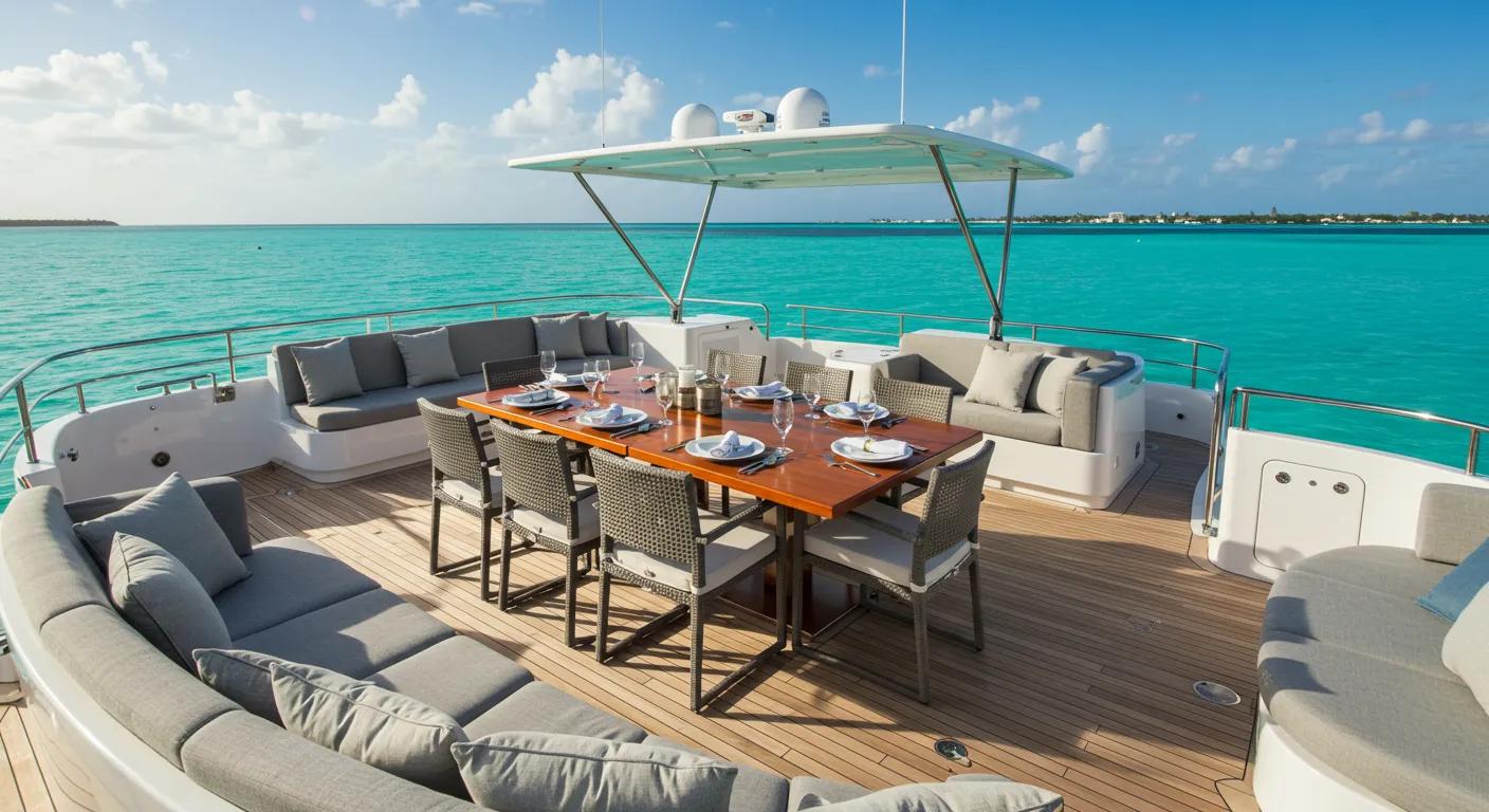 a luxurious yacht gleaming under bright afternoon sun, anchored in the vibrant turquoise waters of key west, with an elegantly set dining area on deck showcasing opulent amenities and decor, inviting viewers to explore high-end yacht charter options.