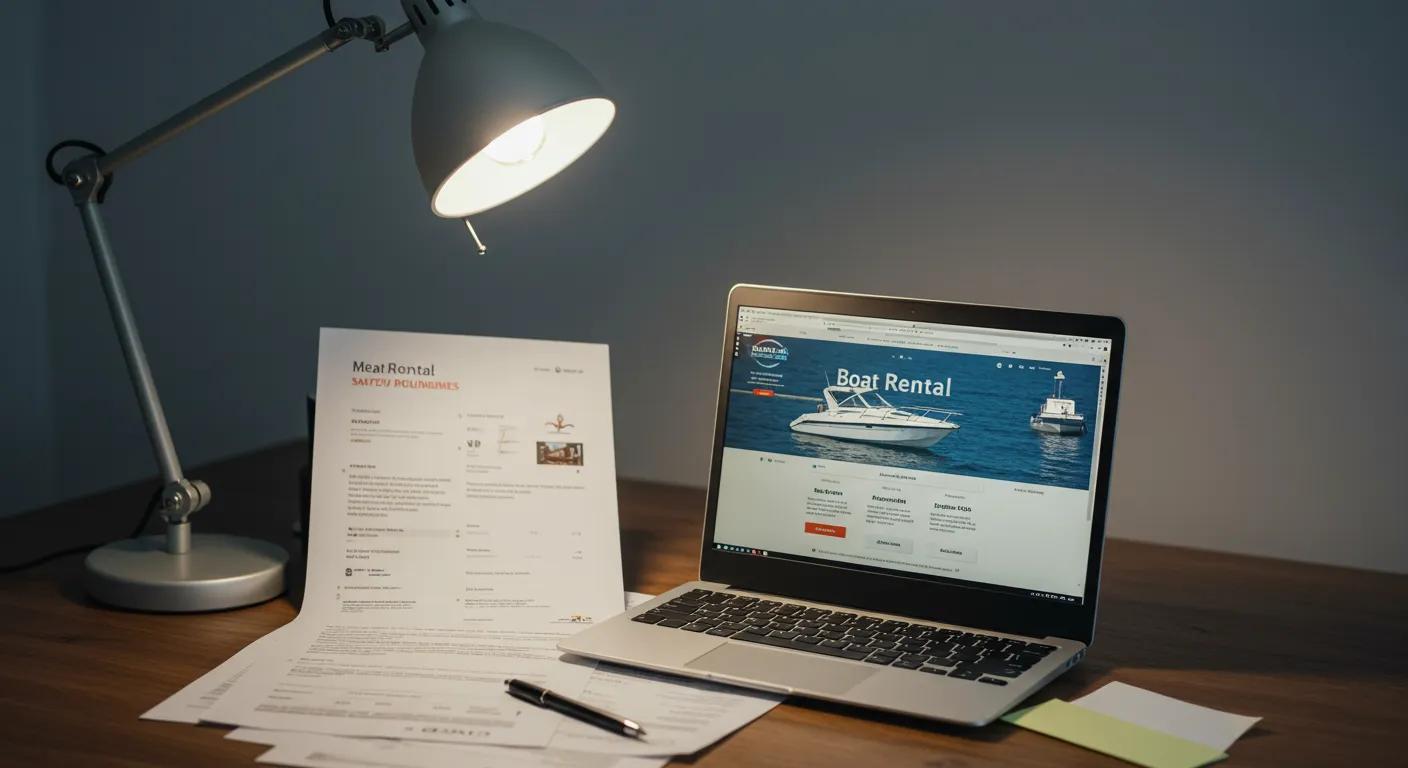 a polished office desk scene featuring a sleek laptop displaying a boat rental website, surrounded by documents on maritime regulations and safety guidelines, illuminated by a modern desk lamp, emphasizing the serious consideration of rental policies and requirements.