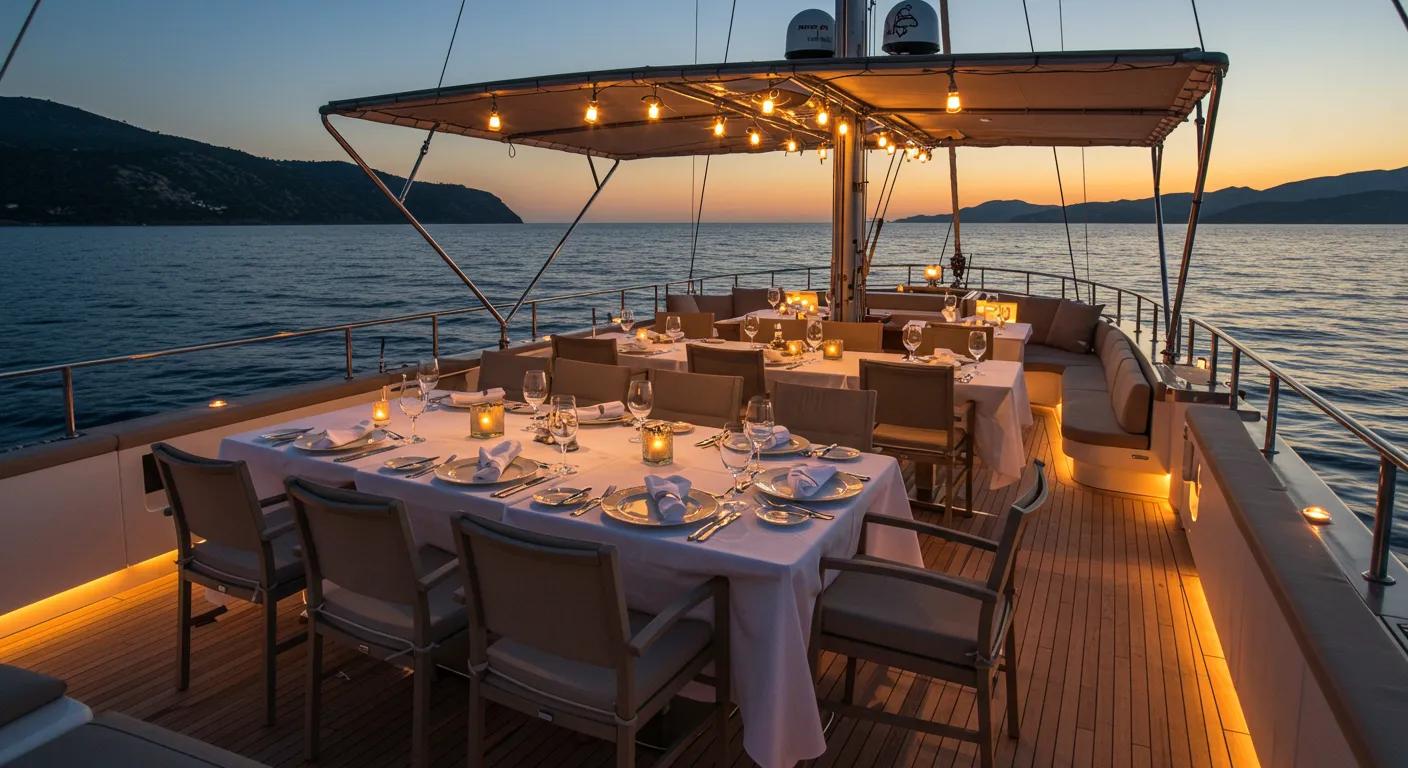 a luxurious yacht glides through the shimmering waters at sunset, adorned with elegantly set tables for a gourmet dining experience under twinkling fairy lights, showcasing an opulent yet intimate atmosphere of exclusive sailing adventures.