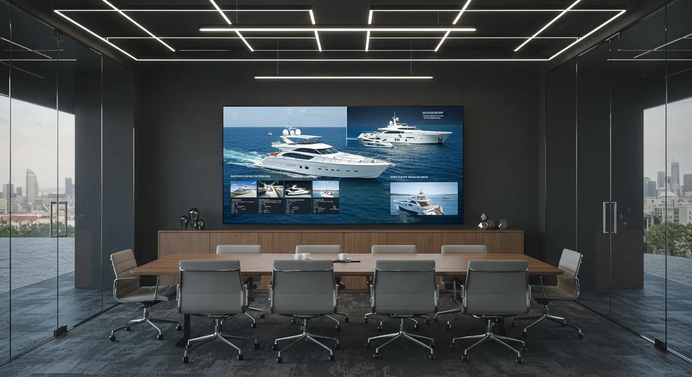 a sleek, modern office with a large conference table showcasing a digital presentation on private yacht rentals, complete with luxurious yacht images and highlighted itineraries, exuding professionalism and attention to detail.