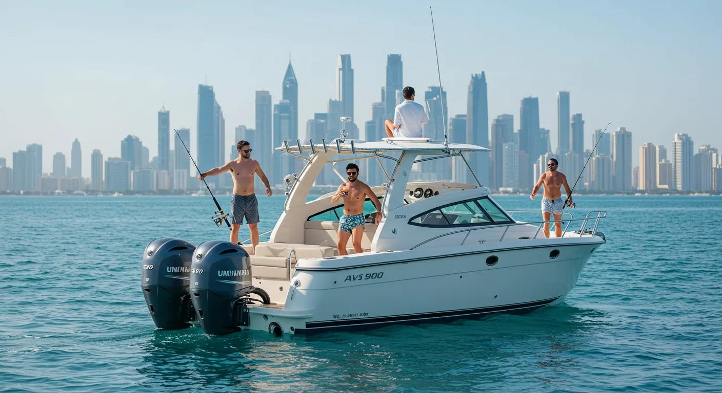 a vibrant scene captures a luxurious boat rental on sparkling blue waters, where friends enjoy various activities like fishing and water sports, with the city skyline in the background reflecting an atmosphere of excitement and adventure.
