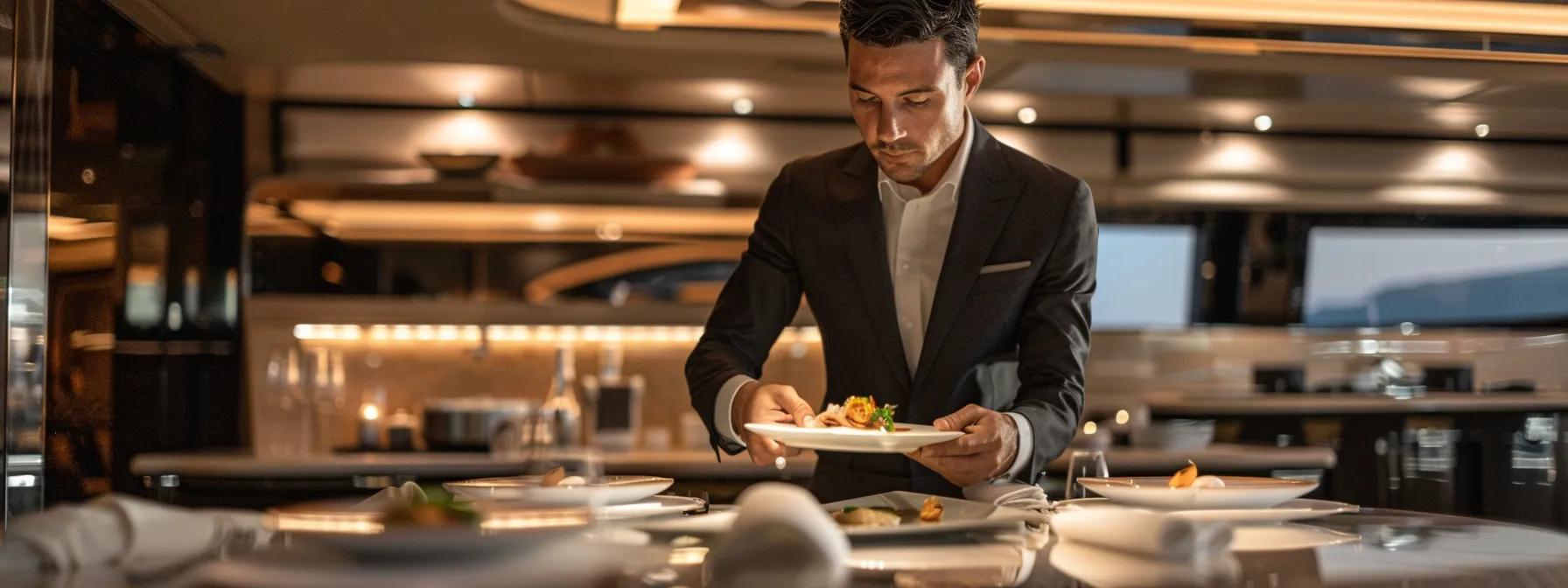Chef plating gourmet dish in luxury yacht kitchen, emphasizing high-end dining experience and professional service.
