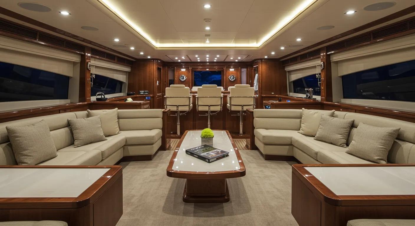 a luxurious yacht interior showcases sleek, modern design elements and plush furnishings, illuminated by soft ambient lighting, creating an inviting atmosphere that embodies opulence and comfort on the water.