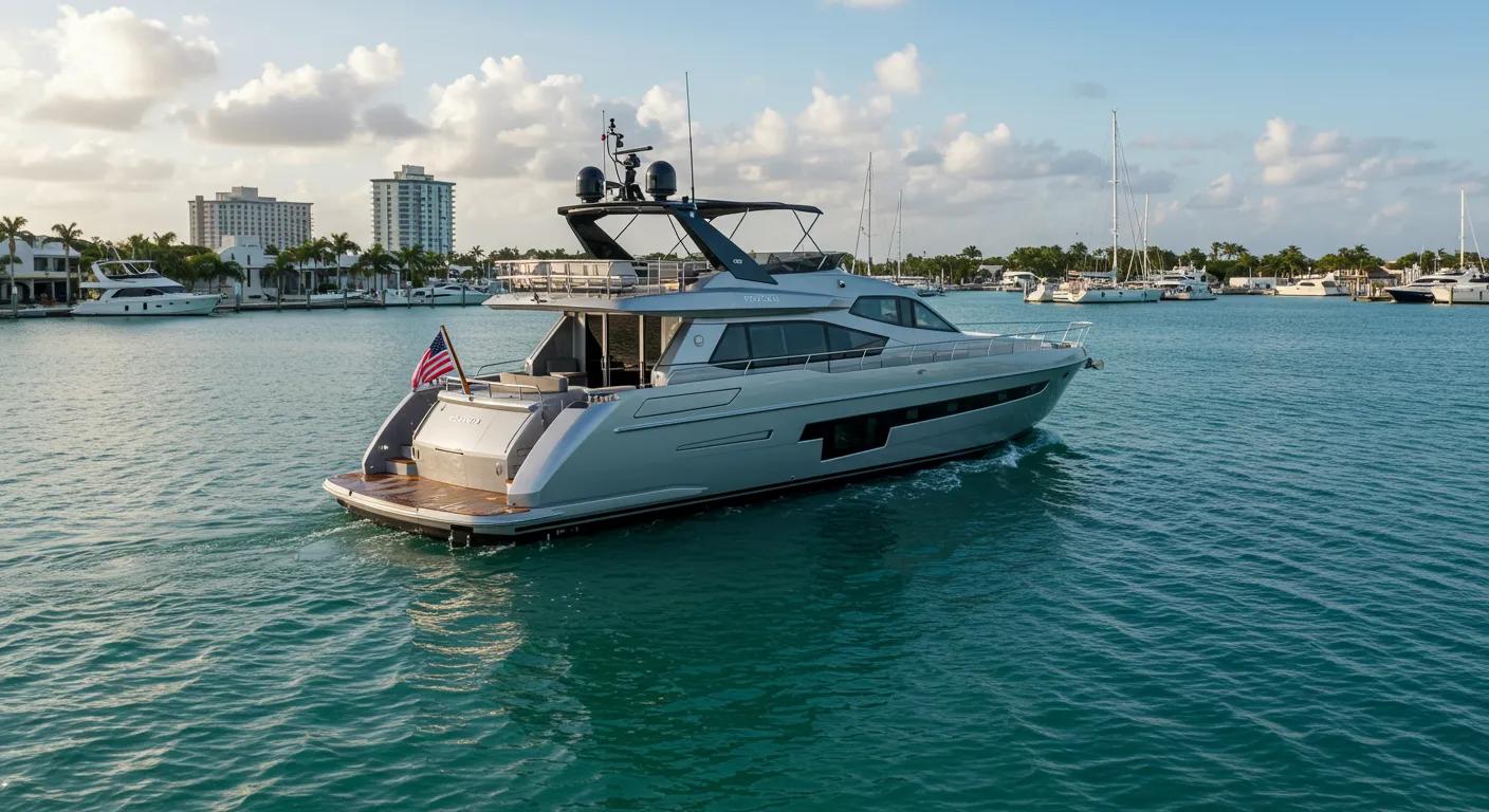 a sleek, modern yacht equipped with hybrid propulsion systems glides through the vibrant waters of key west, showcasing eco-friendly luxury against a backdrop of a bustling marina and clear blue skies, highlighting the future of sustainable charter options.