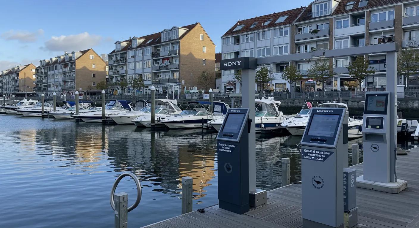 a vibrant urban marina bustling with eager boaters and sleek rental vessels, showcasing digital booking stations and enthusiastic staff ready to assist with recommendations for local waterways and attractions.