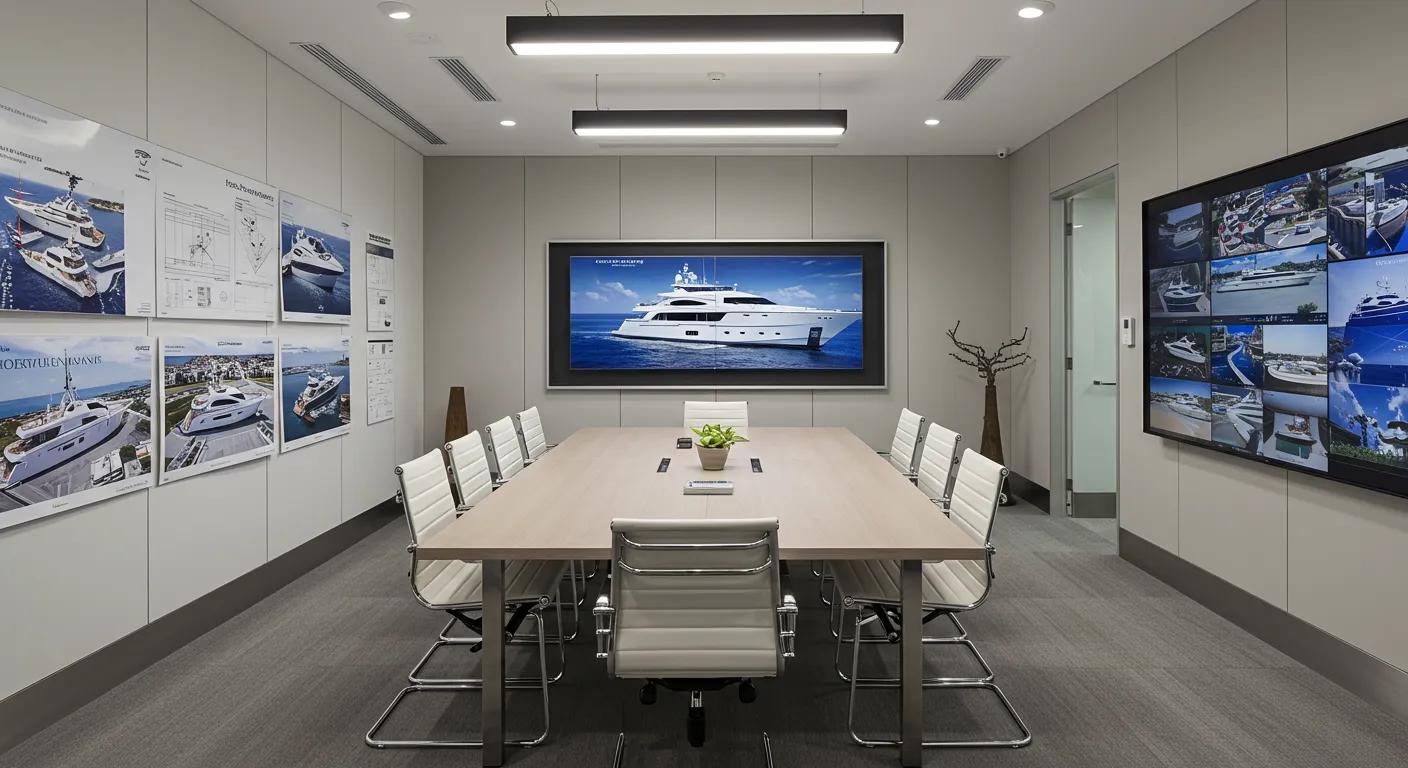 a sleek, modern office space in fort lauderdale, featuring a large conference table surrounded by luxury yacht brochures and digital screens displaying yacht specifications, emphasizing the thoughtful planning involved in assessing yacht needs.