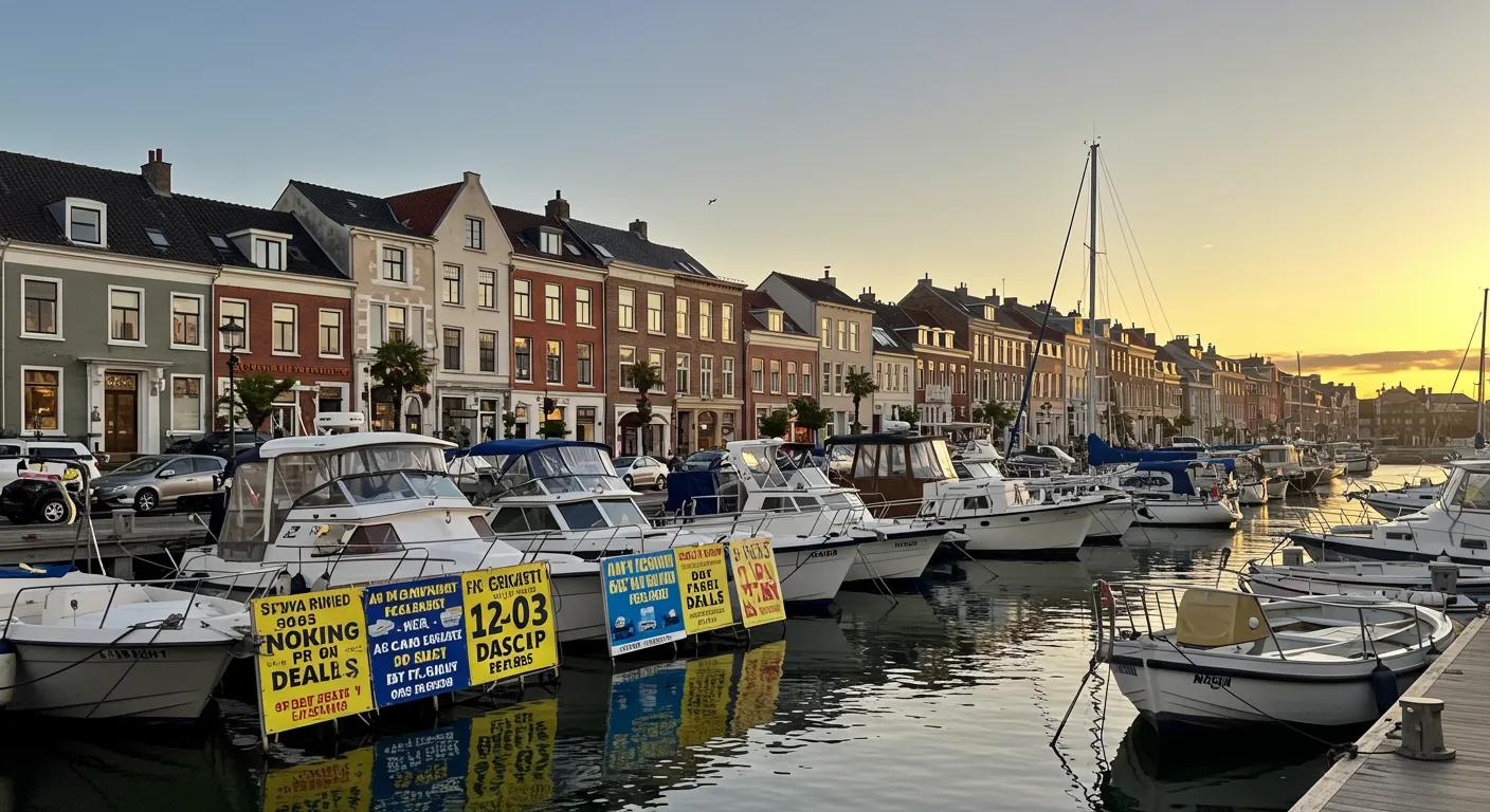 Marina scene featuring various boats docked along a waterfront, with colorful signage advertising boat rental deals and charming waterfront buildings in the background during sunset.