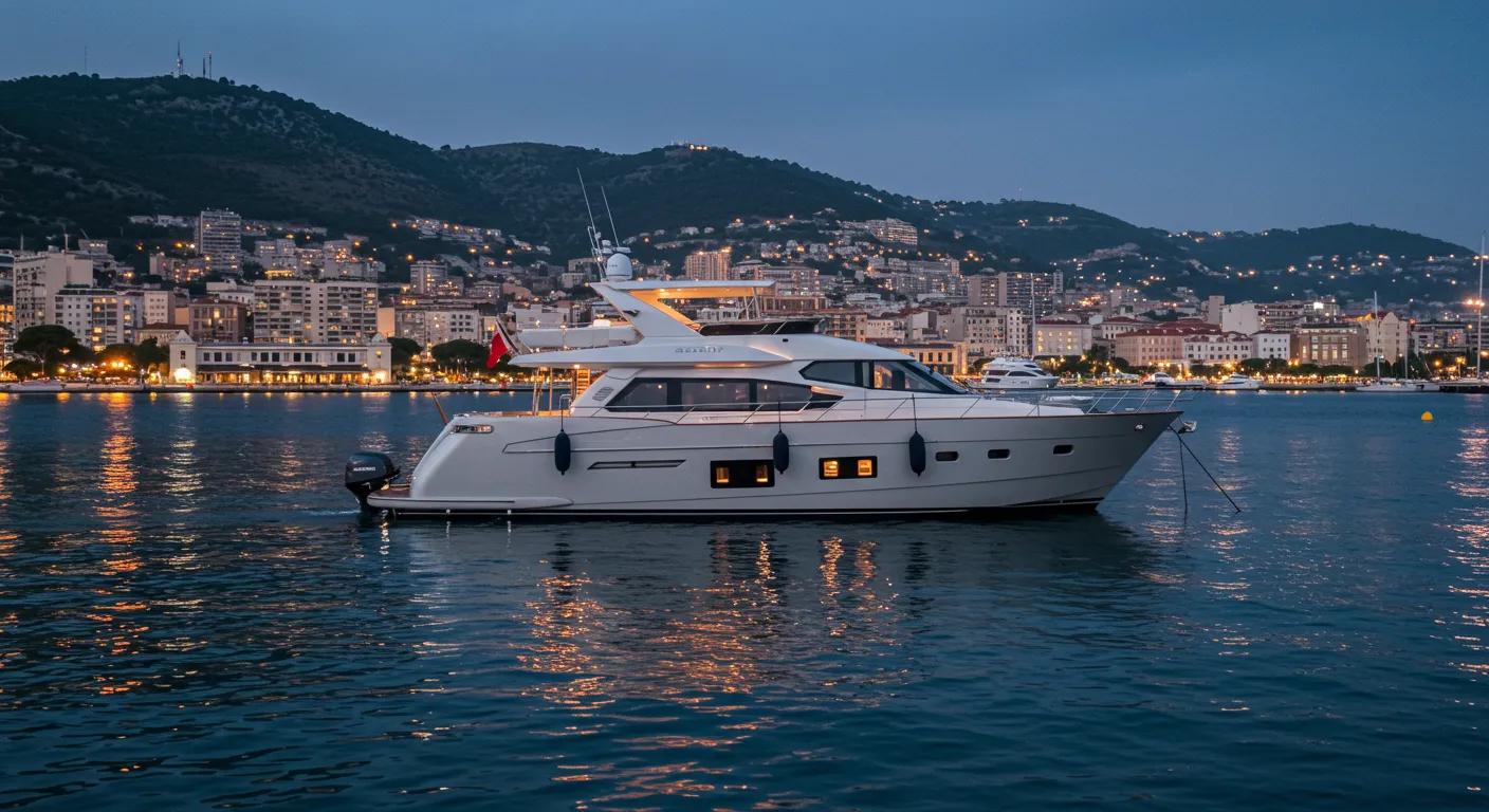 a sleek, modern luxury yacht anchored in a vibrant urban harbor, illuminated by the glow of city lights at dusk, showcasing the allure of exclusive yacht rentals and high-end maritime experiences.