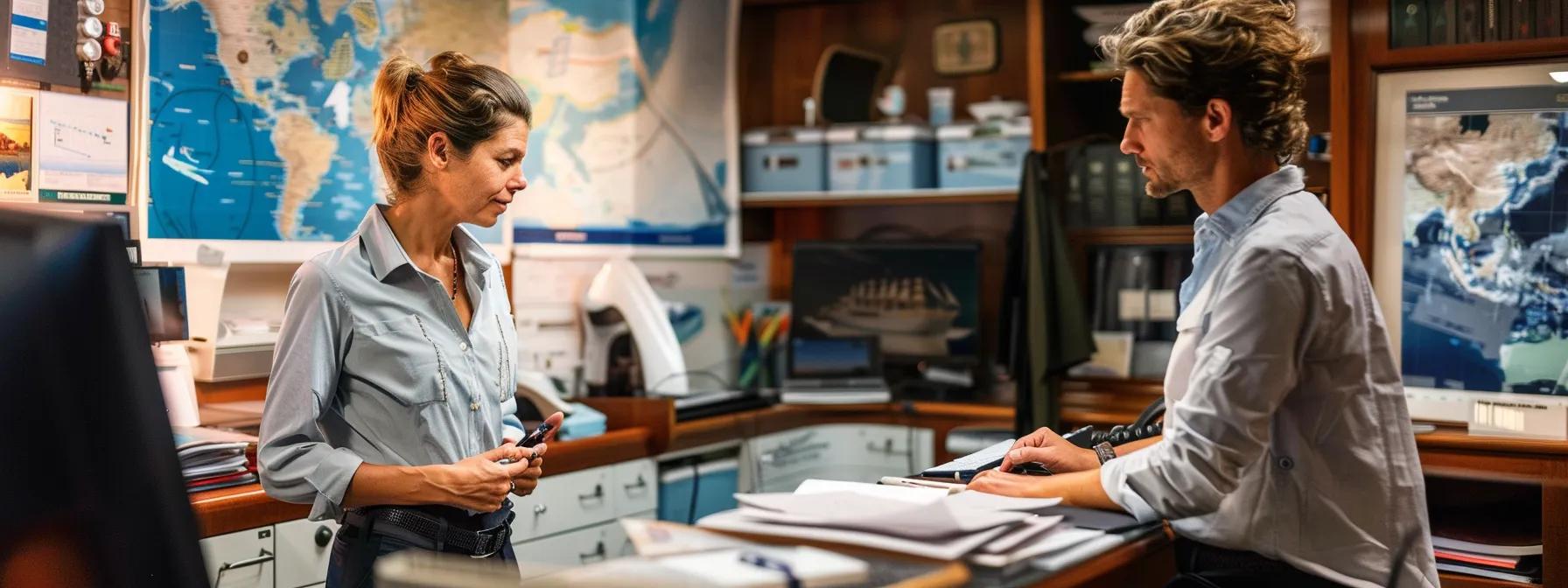 a bustling maritime office in maine, featuring a focused charter broker discussing detailed itineraries with clients, surrounded by nautical maps and vibrant promotional materials highlighting scenic charter locations.