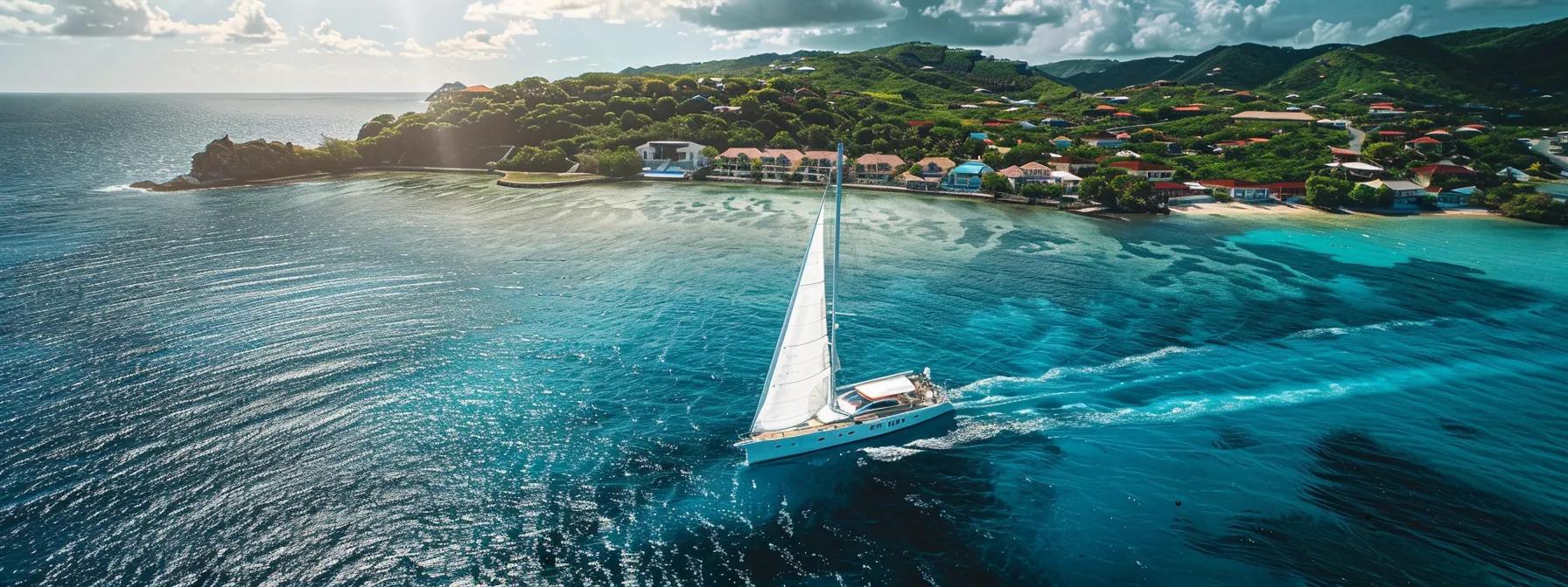 a luxurious private sailing yacht glides through the crystal-clear waters of the caribbean, framed by vibrant coastal towns and sunlit skies, reflecting the perfect blend of adventure and cultural richness.