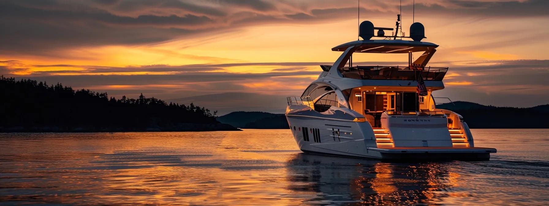 a luxurious private yacht elegantly glides through the serene waters of maine, featuring opulent outdoor lounges and fine dining setups, with an inviting sunset casting a warm glow over its sleek lines and exquisite details.