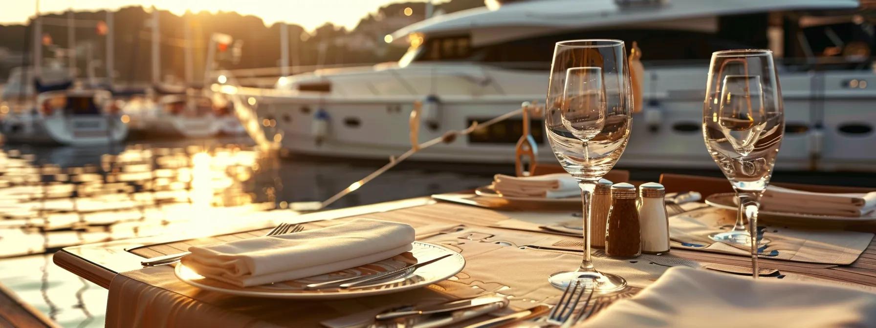 a luxurious yacht glistens in a sunlit marina, showcasing an elegantly set dining area on deck, embodying the allure of a bespoke sailing vacation amid upscale surroundings.