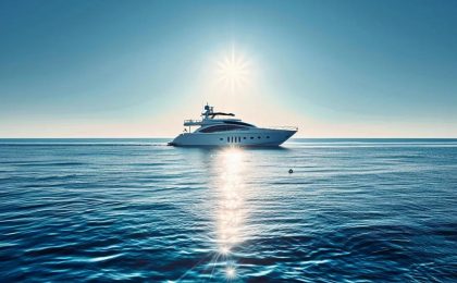 Sleek modern yacht gliding on calm waters under a bright sun, symbolizing luxury yacht charters and unforgettable celebrations on the water.