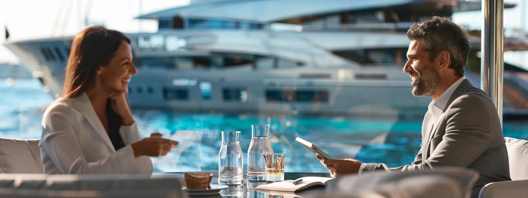 a sleek office environment features a professional consultant engaging in a dynamic discussion with a client over a digital tablet, with vibrant images of luxurious yachts and pristine ocean views displayed on the screen, embodying the excitement and meticulous planning of booking a private sailing vacation.