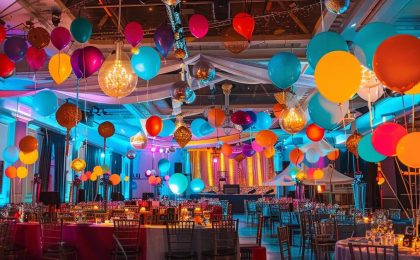 a vibrant and festive indoor party setup, featuring elegantly arranged tables adorned with colorful decorations, balloons, and ambient lighting that captures the excitement of various party packages available for celebration.