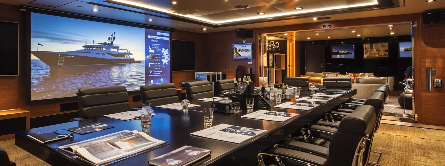 an elegant event planning office showcases a sleek conference table laden with beautifully designed party package brochures, while a sophisticated projector displays a vibrant presentation on luxury yacht parties, highlighting pricing factors and bespoke services.