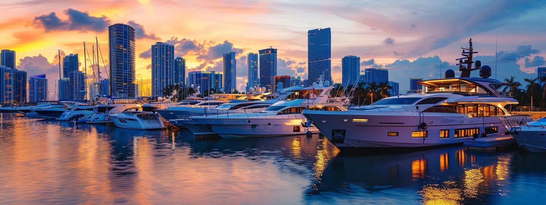 Bustling marina in Miami at sunset, featuring luxury yachts and skyscrapers reflecting in the water, highlighting the vibrant boating culture and premium yacht rental options.