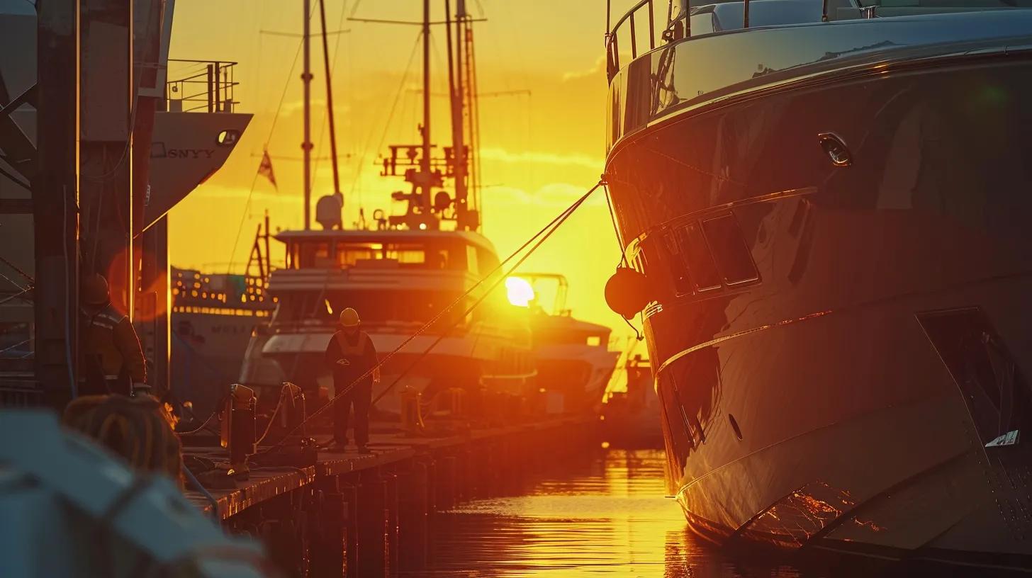 a sleek, modern yacht is meticulously positioned in a pristine, well-lit repair bay, where professional marine technicians inspect its hull and engine with precision tools, surrounded by organized workstations showcasing high-quality materials and repair plans.