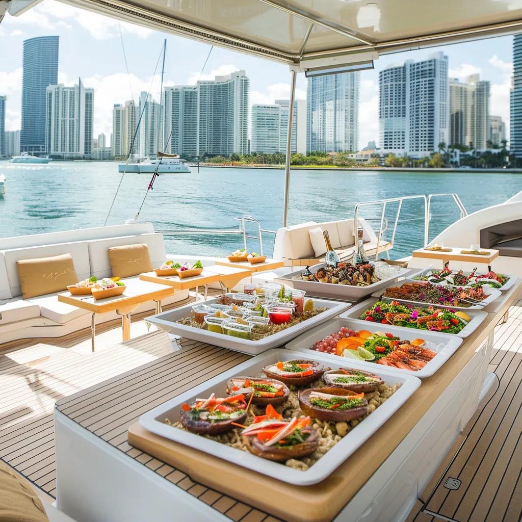 Luxurious catamaran deck setup with gourmet catering and Miami skyline