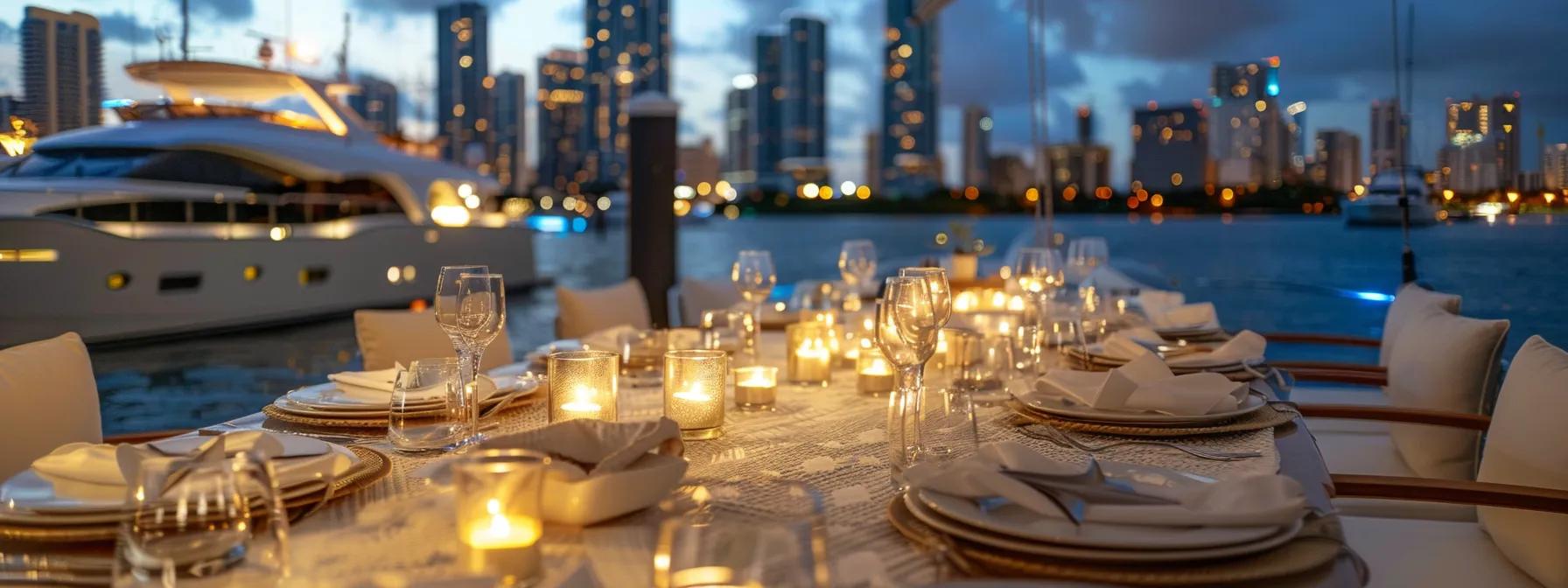 a lavish miami yacht is elegantly set for a glamorous event, featuring sophisticated decor, opulent dining arrangements, and a stunning city skyline in the background, all under soft, ambient lighting.