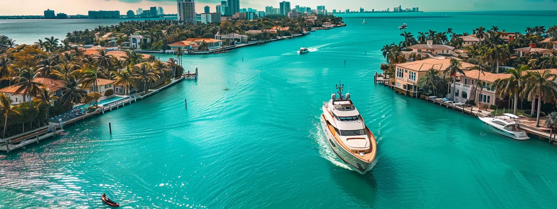 a lavish yacht glides through the turquoise waters of south florida, surrounded by iconic waterfront properties and sailboats, showcasing the ultimate luxury experience for yacht tours.
