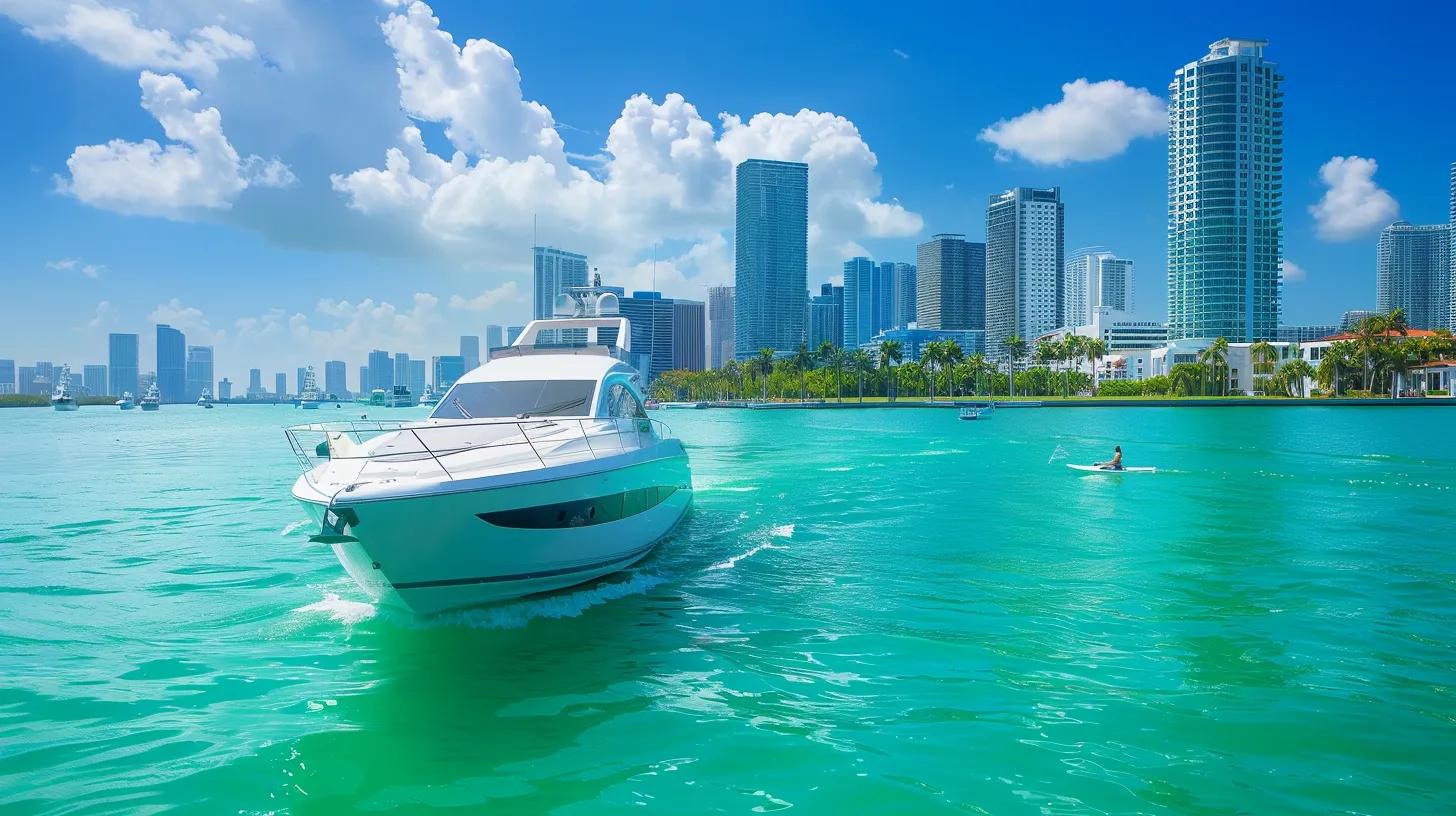a luxurious bareboat yacht glides through the vibrant turquoise waters of miami, surrounded by the striking skyline and animated recreational activities such as paddleboarding and jet skiing, under a brilliant afternoon sun.