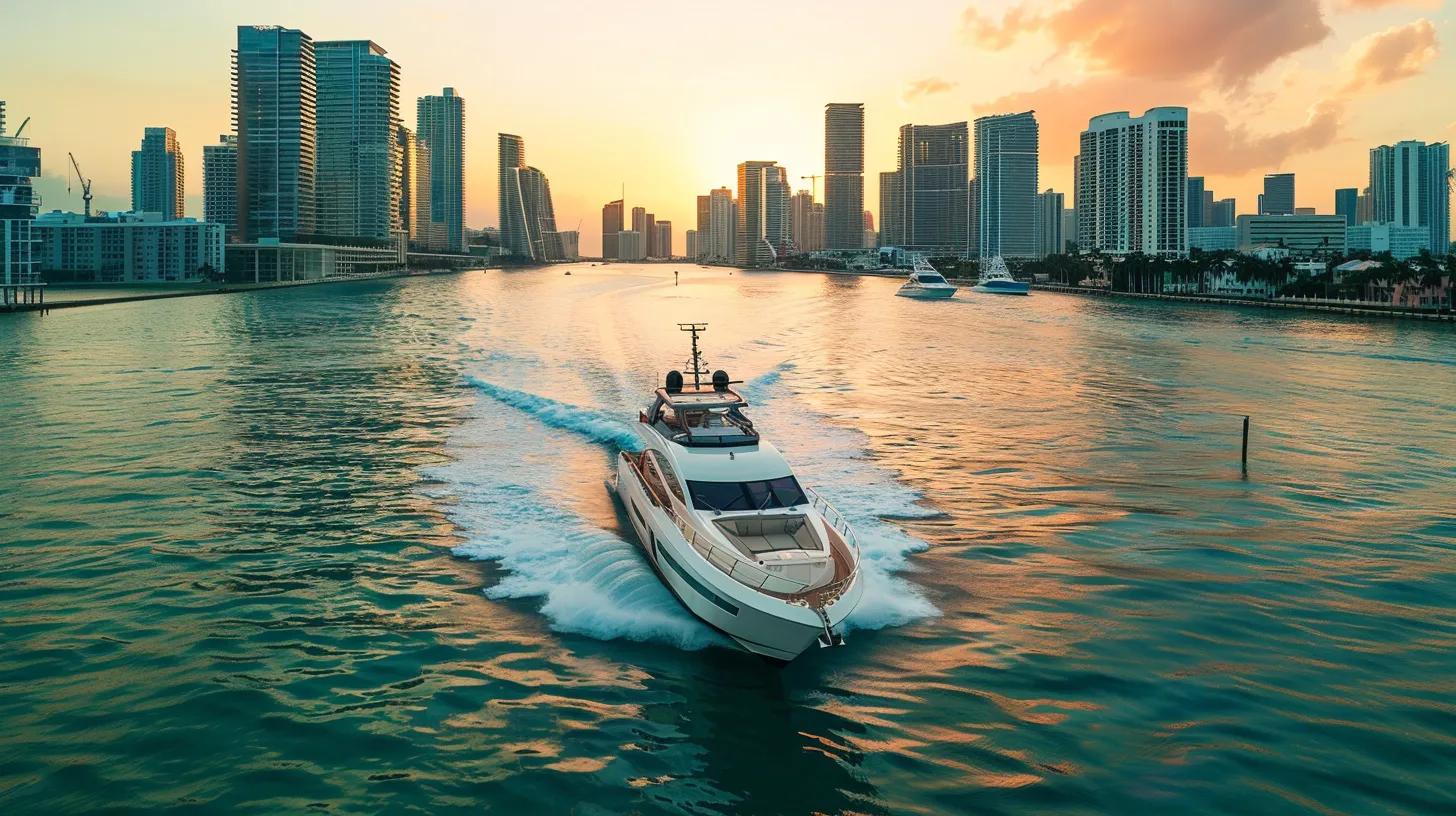 a luxurious bareboat yacht gracefully glides through the turquoise waters of miami, exuding an air of sophistication as guests engage in vibrant watersports and leisurely cruises against a backdrop of the stunning urban skyline.