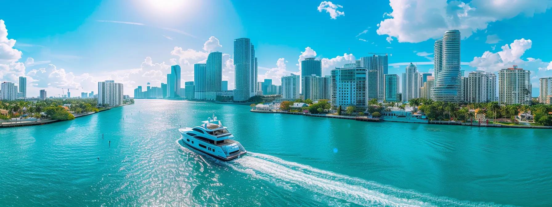 a luxurious catamaran glides through the sparkling turquoise waters of miami, flanked by vibrant city skyline views and lively nightlife, capturing the essence of high-end maritime celebrations.