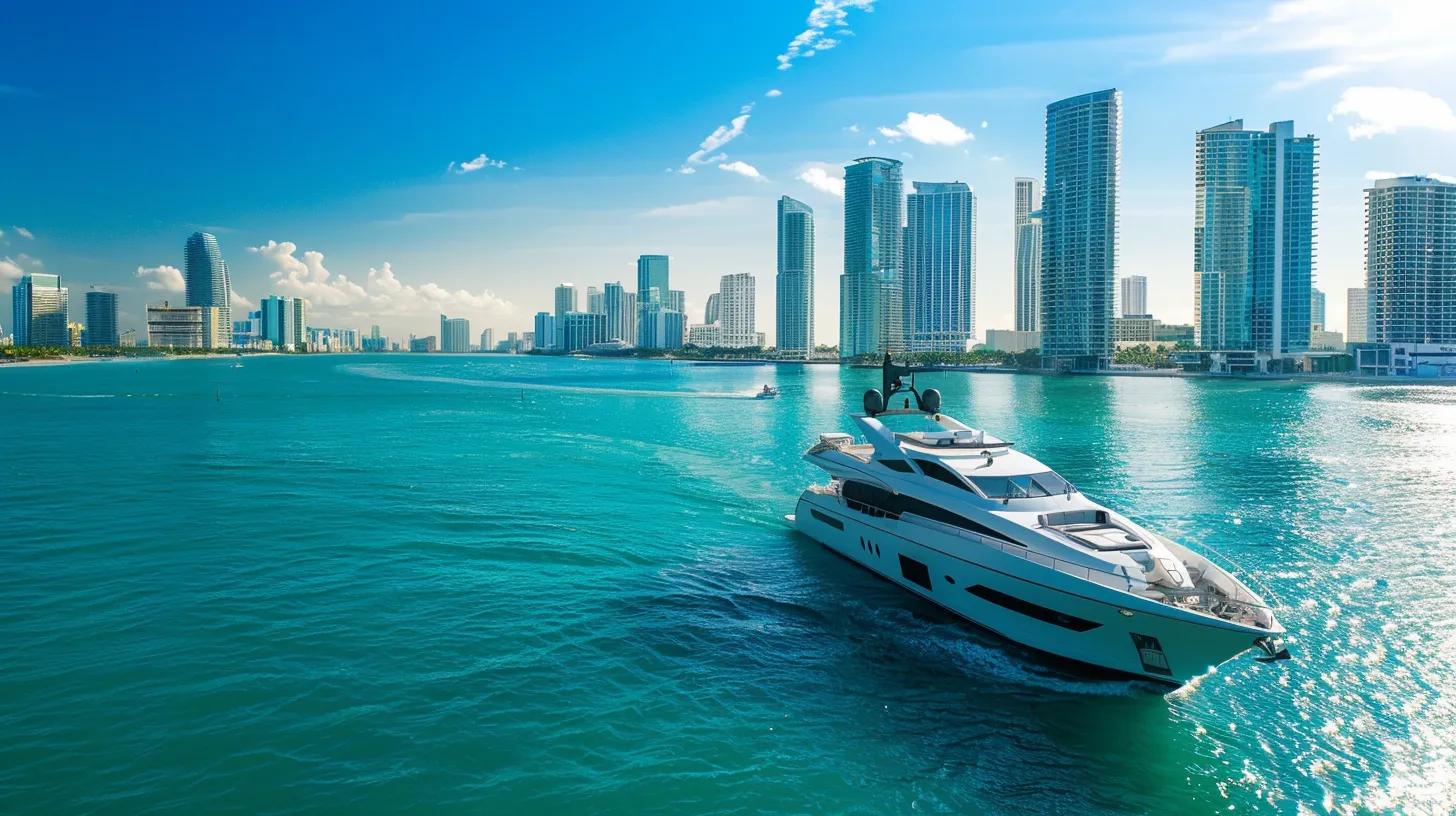 Luxurious crewed yacht navigating Miami's vibrant waters with skyscrapers in the background, showcasing the essence of luxury yacht charters by Moretti Yachts.