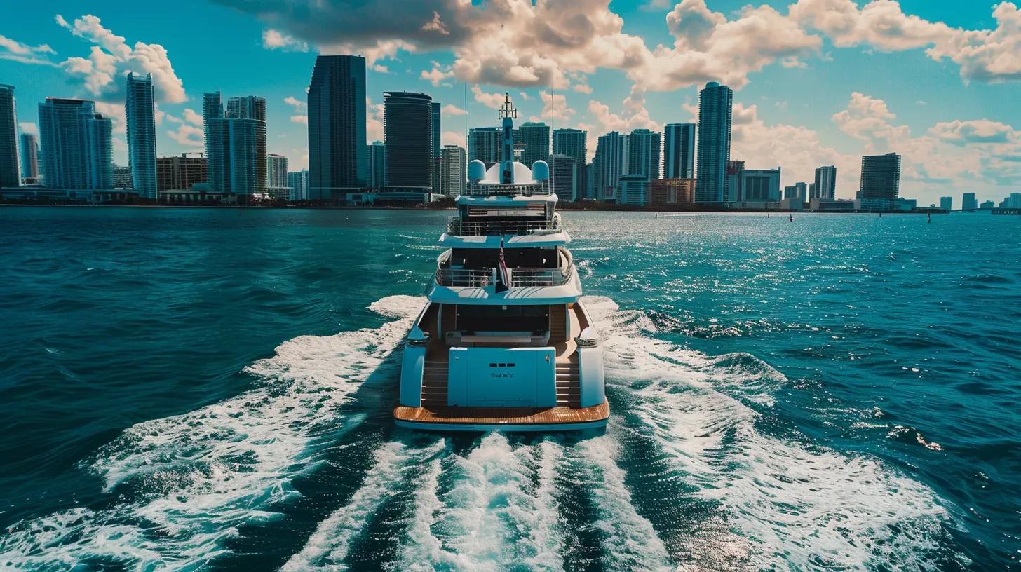 a luxurious crewed yacht glides through the vibrant waters of miami, showcasing sleek energy-efficient design elements and a professional crew engaged in safety drills against a backdrop of the city's glamorous skyline.