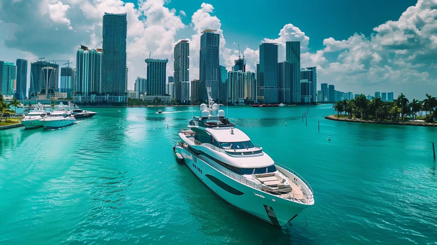 Luxury crewed yacht navigating turquoise waters near Miami's skyline, showcasing upscale amenities and vibrant city backdrop.