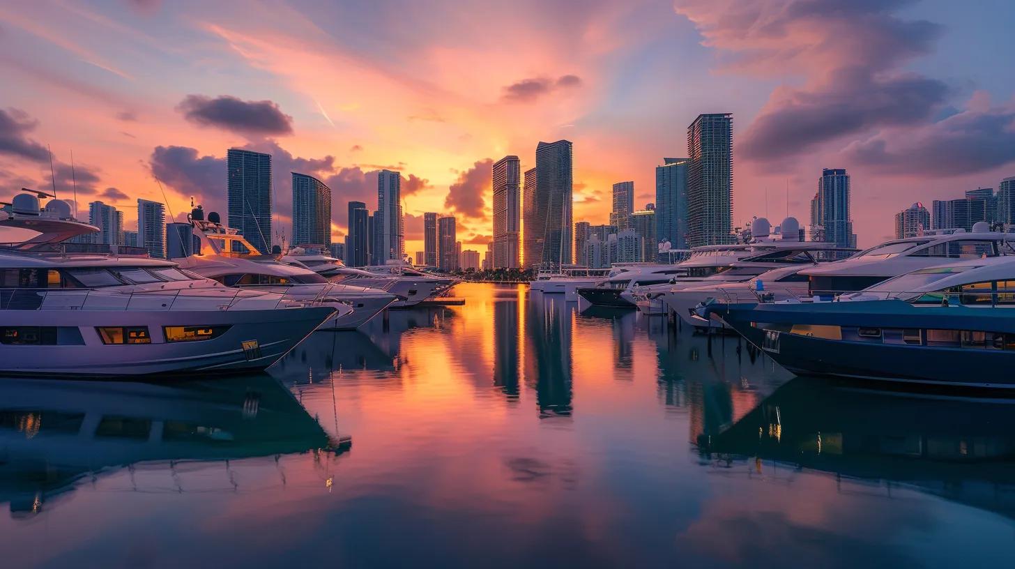 a luxurious miami marina at sunset showcases a lineup of sleek sailing yachts, robust motor yachts, and spacious catamarans, highlighting the diverse options available for bareboat rentals against a backdrop of vibrant city lights and shimmering water.