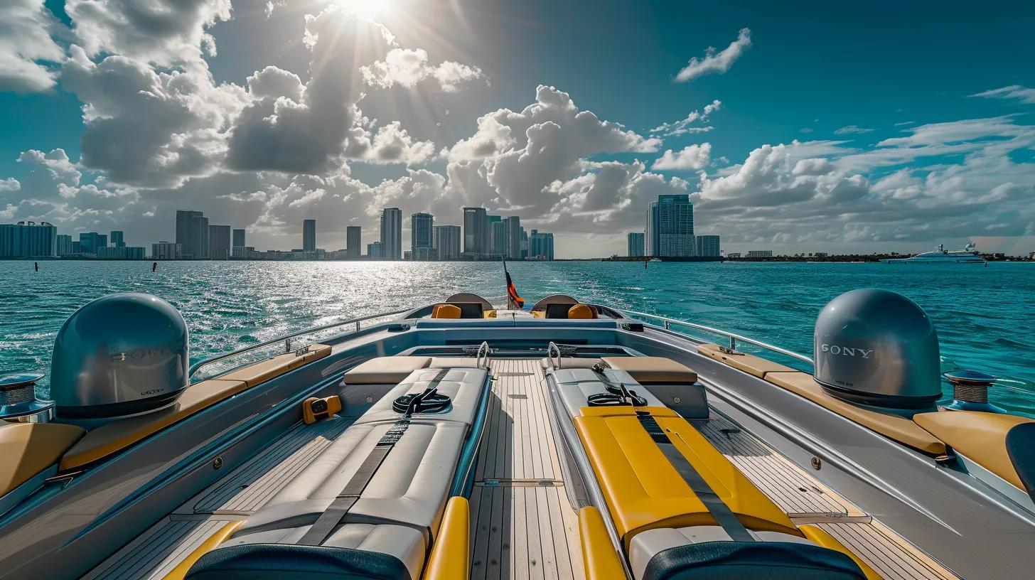 a luxurious miami yacht glimmers under the bright sun, showcasing an array of vibrant water sports equipment and elegant onboard amenities that invite adventure and relaxation on the shimmering ocean.