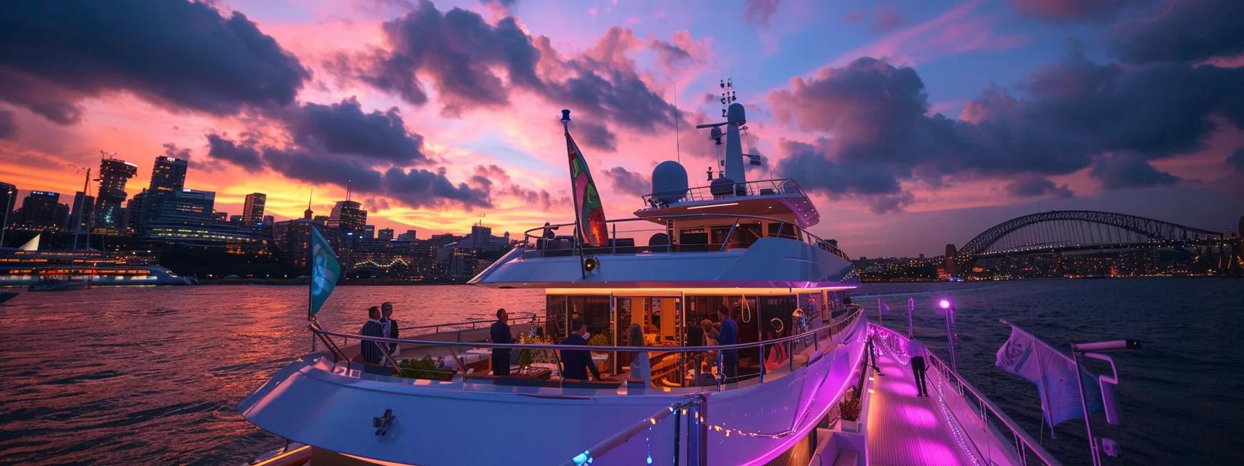 a luxurious yacht adorned with elegant decorations hosts a vibrant celebration, featuring guests enjoying gourmet catering and live entertainment against a stunning waterfront skyline at sunset.