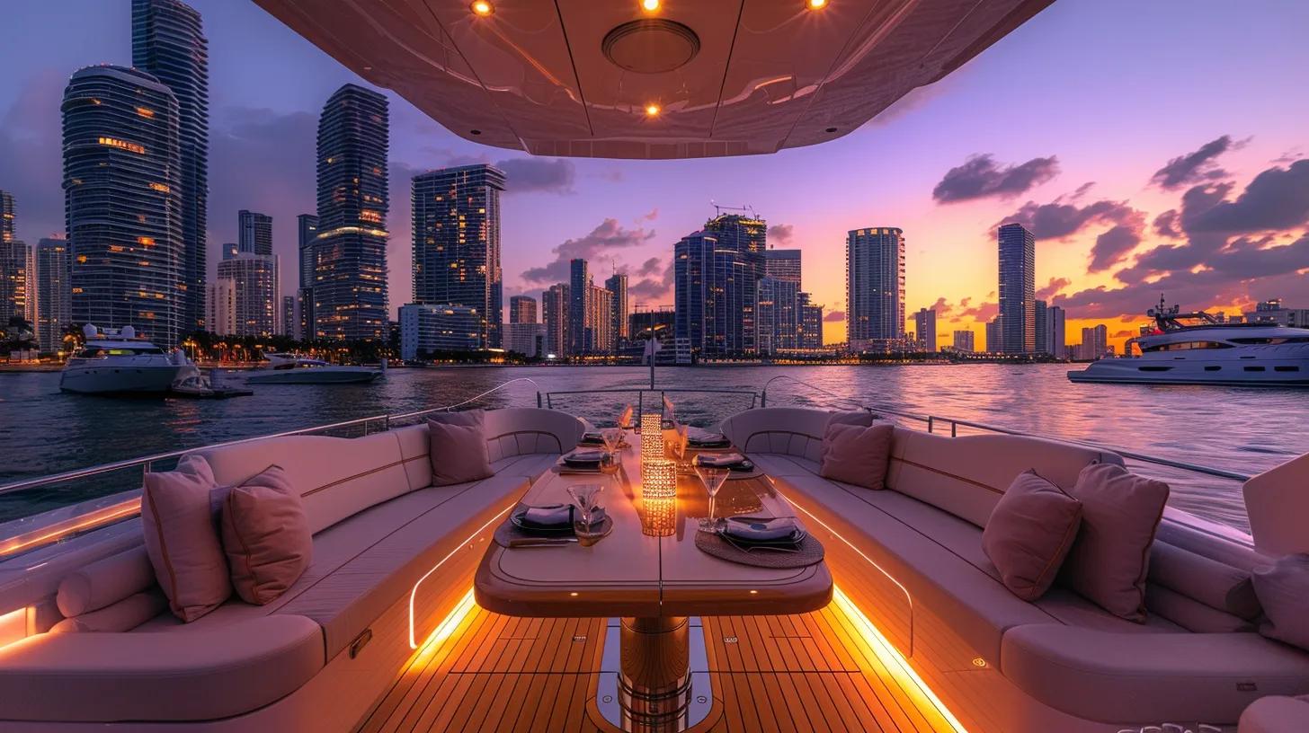 a luxurious yacht anchored against the vibrant skyline of miami, adorned with elegant seating and gourmet dining setups, showcasing the premium experience of yacht charters with chic decor and subtle lighting for an upscale ambiance.