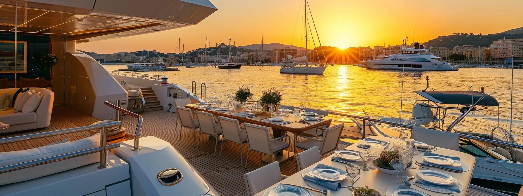 a luxurious yacht anchored in a vibrant marina during sunset, with elegantly set tables on deck overlooking the water, illustrating the exclusivity and customization of high-end yacht tours.