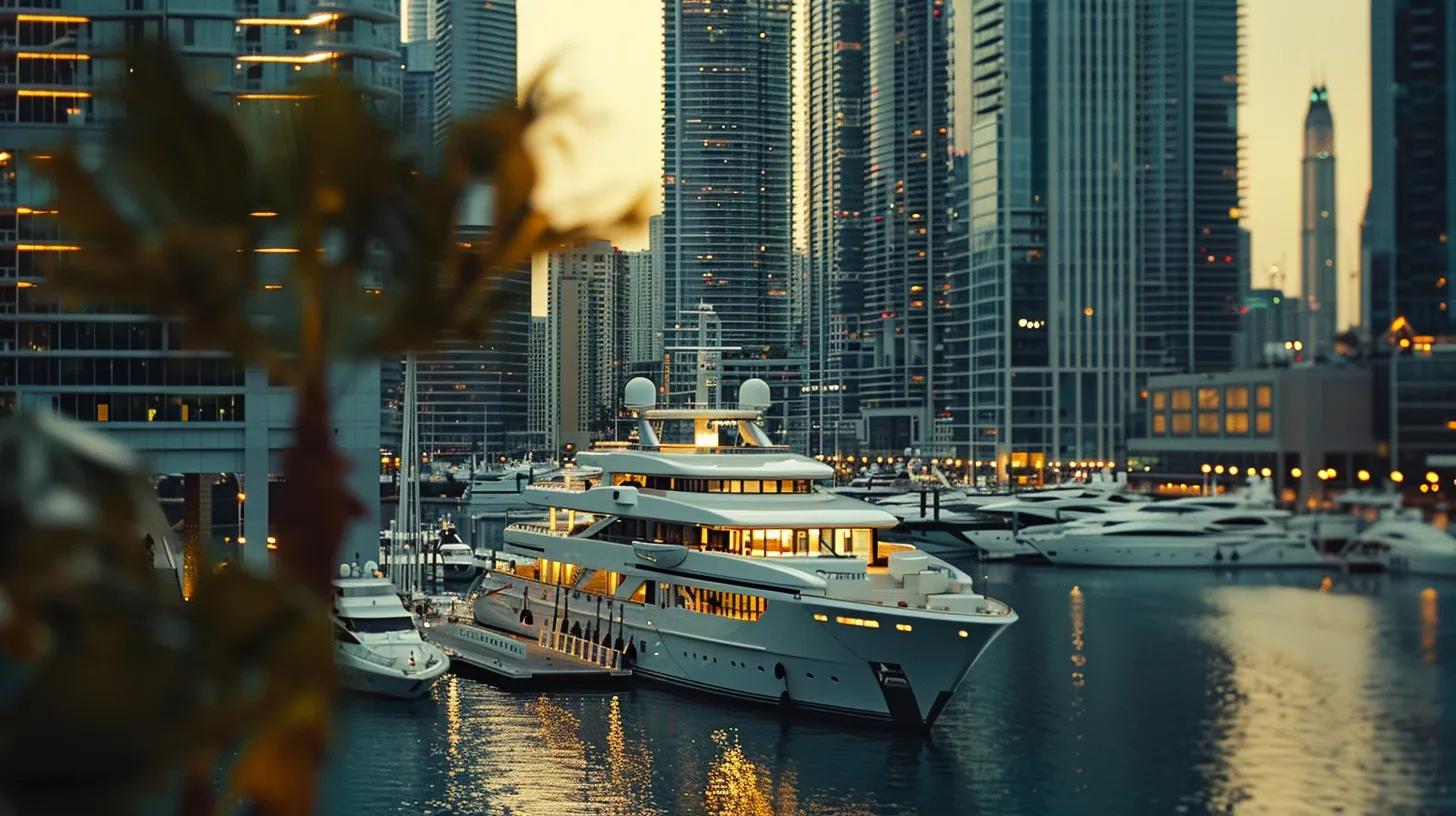 a luxurious yacht docked in a bustling marina, framed by sleek office buildings, conveying the intricate dynamics of yacht management as professionals discuss pricing strategies amid the vibrant urban backdrop.