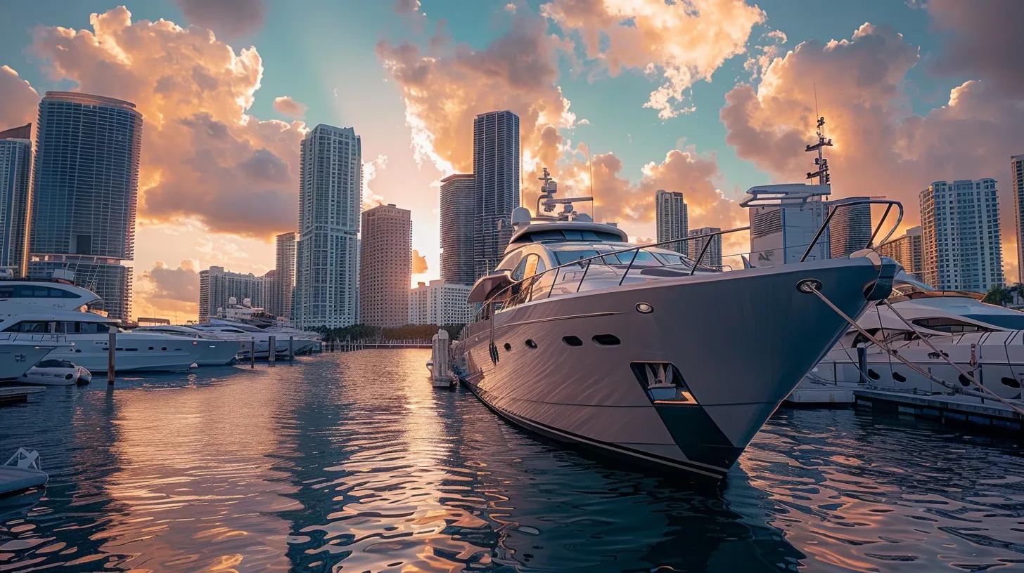 Luxurious yacht docked in Miami marina with city skyline and sunset reflections on water, highlighting premium yacht charter experiences.